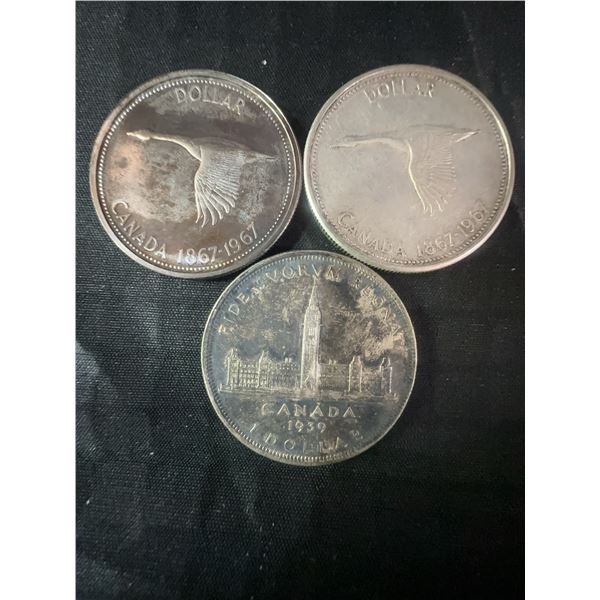3 .800 Silver Canadian Dollar Coins, 1967 & 1939, 70g Total