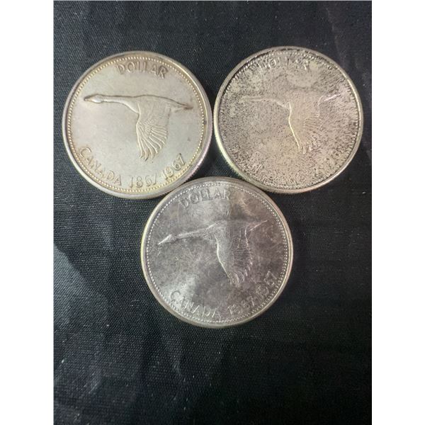 3 Canada Centennial Silver Dollar Coins, .800 Silver, 1967