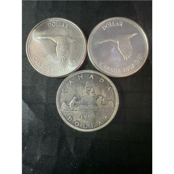 3 Canadian .800 Silver Dollar Coins, 1962, 1967, 70g Total Weight