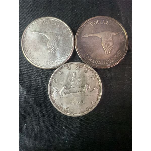 3 Canadian .800 Silver Dollar Coins, 1960 and 1867-1967, 70g Total