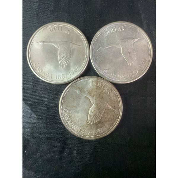 3 Canadian 1867-1967 Centennial .800 Silver Dollar Coins, 70g