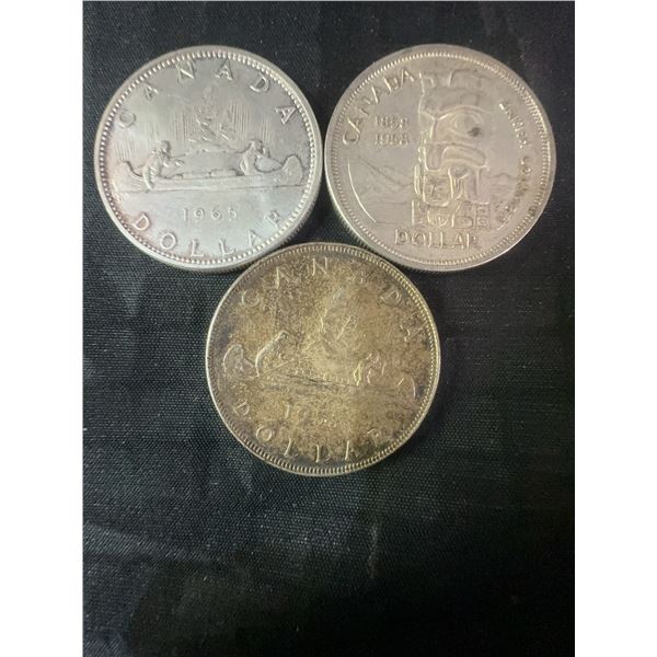 Three .800 Silver Canadian Dollar Coins, 70g Total