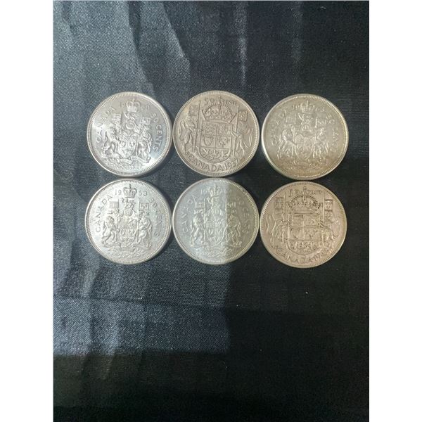 6 Canadian .800 Silver Half Dollar Coins, 70g Total