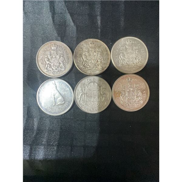 6 Canadian .800 Silver Half Dollar Coins, 70g Total