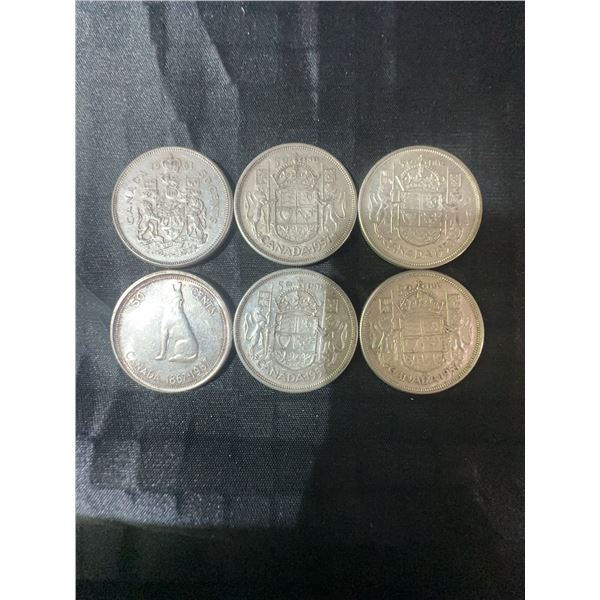 6 Canadian .800 Silver Half Dollar Coins, 70g Total Weight