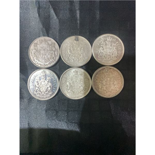 6 Canadian .800 Silver Half Dollar Coins, 70g Total Weight