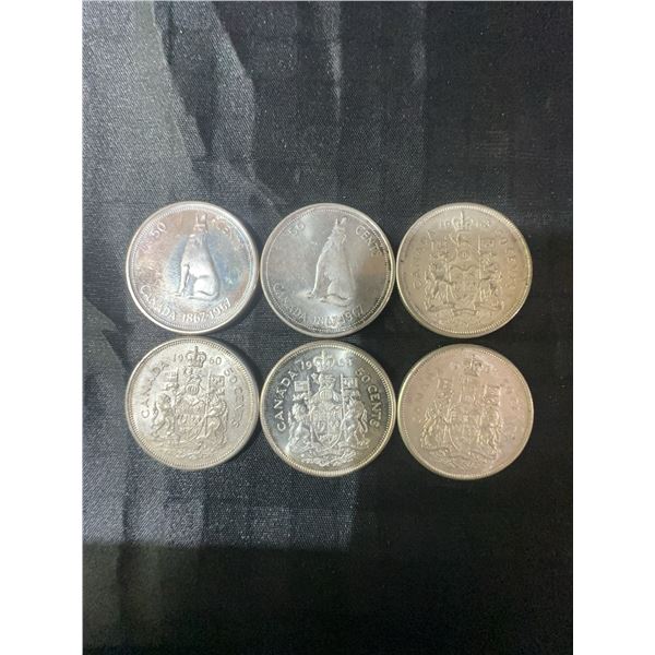 6 Canadian .800 Silver Half Dollar Coins, 1867–1965, 70g