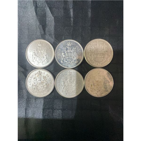 Six .800 Silver Canadian Half Dollar Coins, 70g Total