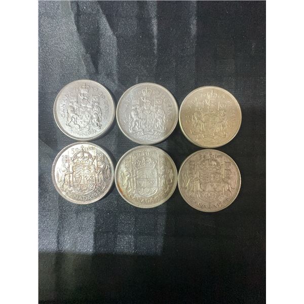 6 Canadian .800 Silver Half Dollar Coins, 70g Total, 1.80 Troy Oz