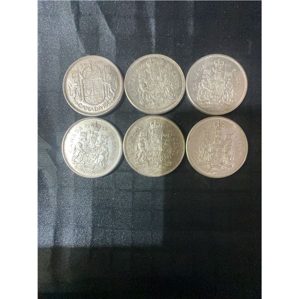 Six .800 Silver Canadian Half Dollar Coins, 70g Total