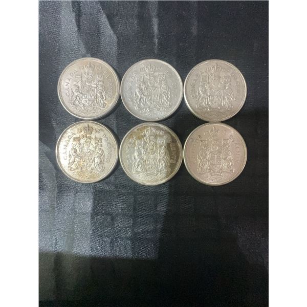 6 Canadian .800 Silver Half Dollar Coins, 70g Total Weight