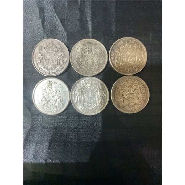 6 Canadian .800 Silver Half Dollar Coins, 70g Total Weight