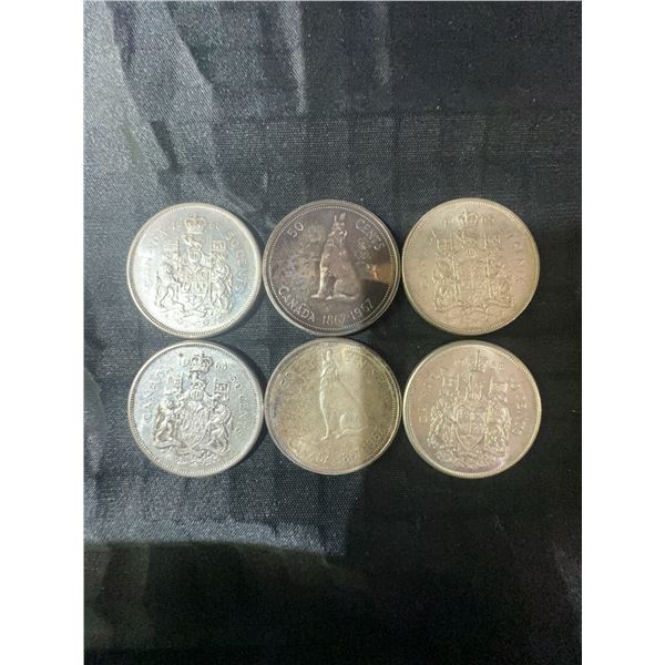 6 Canadian .800 Silver Half Dollar Coins, 70g Total