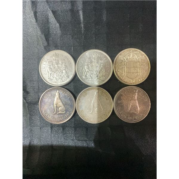 6 Canadian .800 Silver Half Dollar Coins, 70g Total, 1.80 Troy Oz