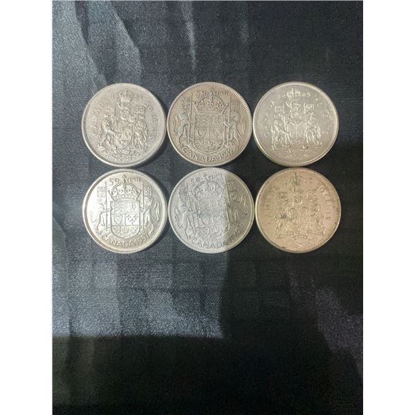 6 Canadian .800 Silver Half Dollar Coins, 70g Total Weight