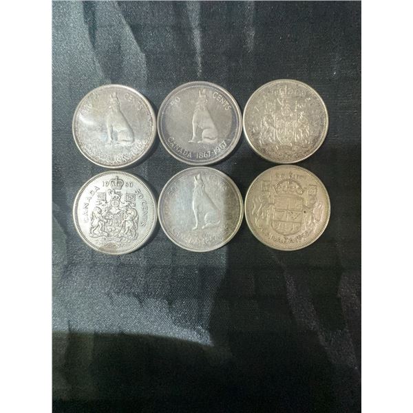 6 Canadian .800 Silver Half Dollar Coins, 70g Total Weight
