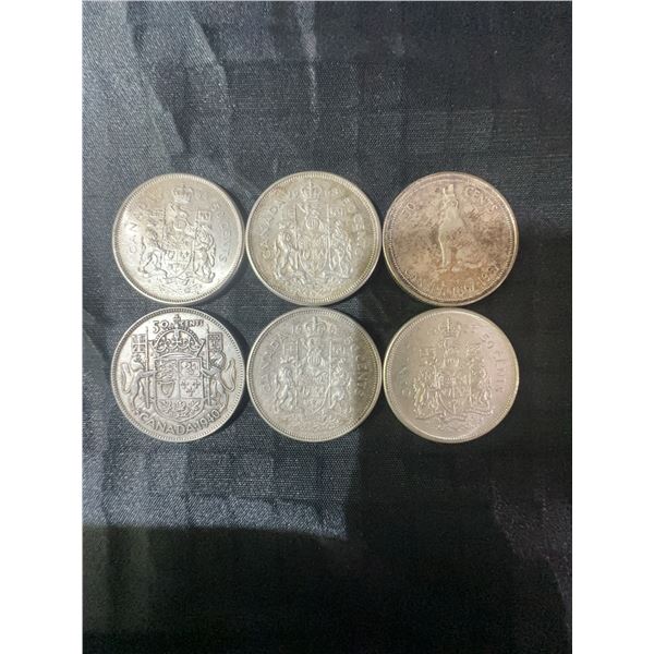 6 Canadian .800 Silver Half Dollar Coins, 70g, 1.80 Troy Ounces