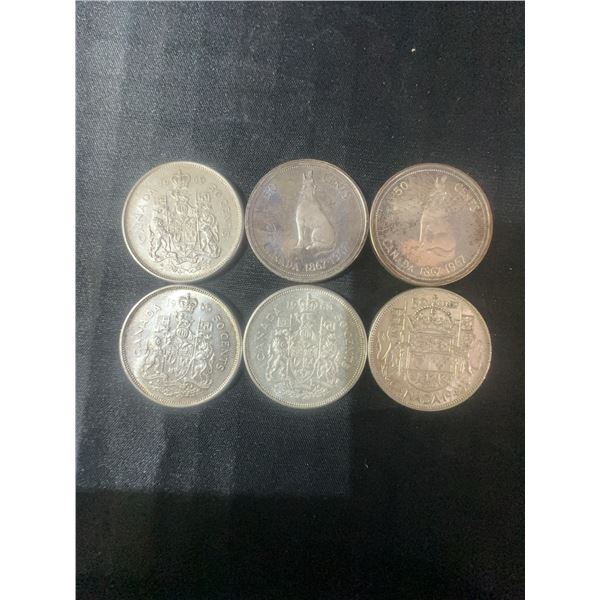 6 Canadian .800 Silver Half Dollars, 70g Total Silver Weight