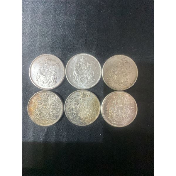 6 Canadian .800 Silver Half Dollars, 70g Total Weight
