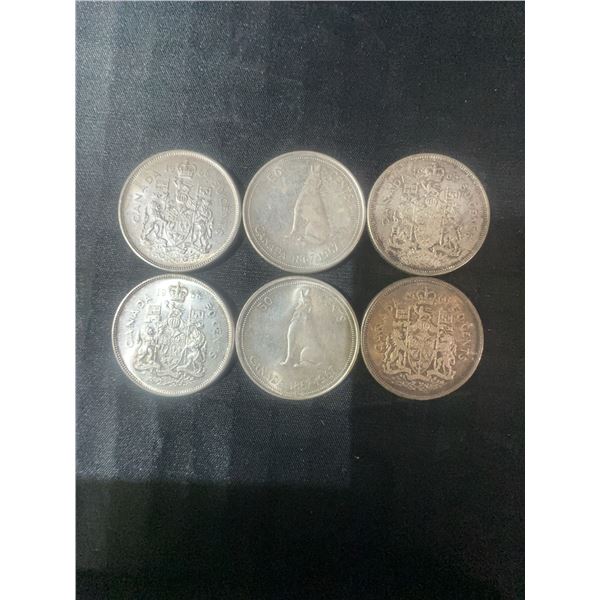 6 Canadian .800 Silver Half Dollars, 70g Total Weight