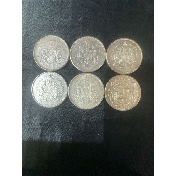 6 Canadian 50 Cent .800 Silver Coins, 70g Total, 1.80 Troy Oz Ag