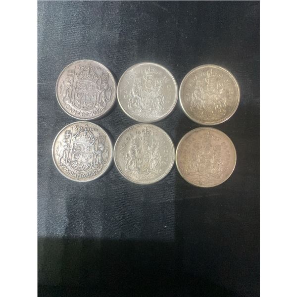 6 Canadian .800 Silver Half Dollars, 70g Total, 1.80 Troy Oz Silver