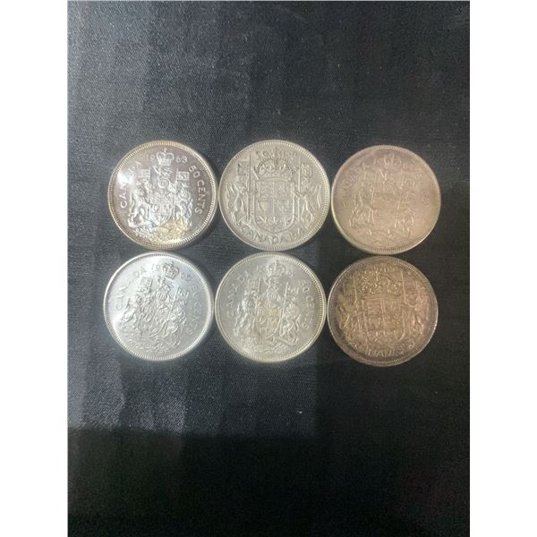 6 Canadian .800 Silver Half Dollars, 70g Total Weight