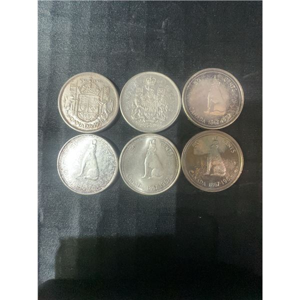 6 Canadian .800 Silver Half Dollars, 70g Total, 1.80 Troy Oz Silver