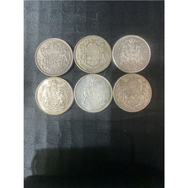 6 Canadian .800 Silver Half Dollars, 70g Total Weight