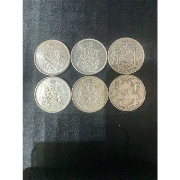 6 Canadian .800 Silver Half Dollars, 70g Total Weight