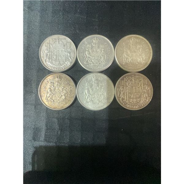 6 Canadian .800 Silver Half Dollars, 70g Total