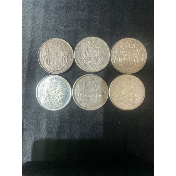 6 Canadian .800 Silver Half Dollars, 70g Total, Various Years