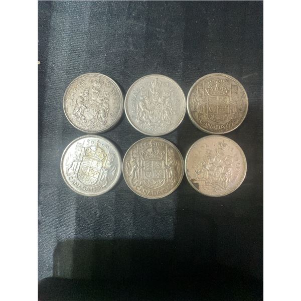 6 Canadian .800 Silver Half Dollars, 70g, 1.80 Troy Oz