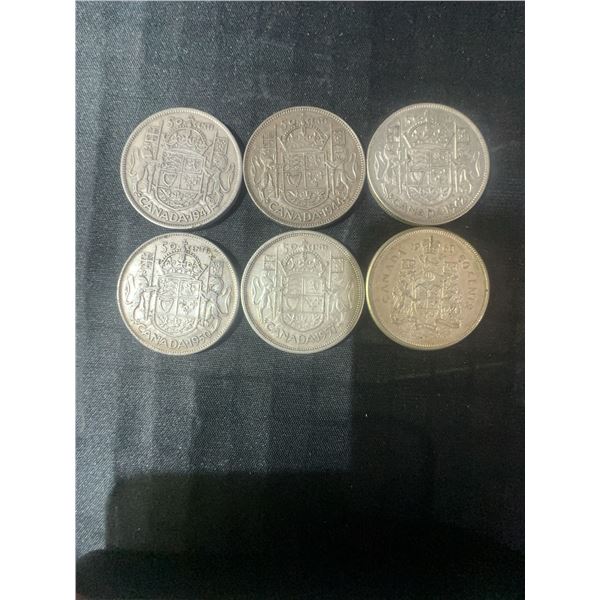 6 Canadian .800 Silver Half Dollars, 70g Total Weight