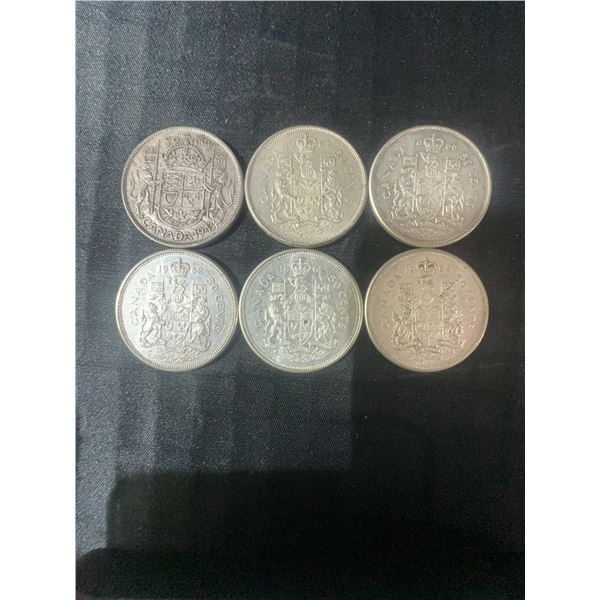 6 Canadian .800 Silver Half Dollars, 70g Total, 1.80 Troy Oz