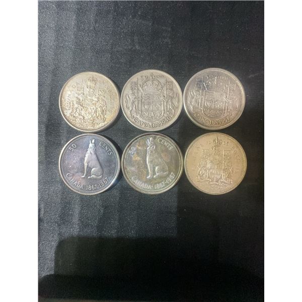 6 Canadian 50 Cent .800 Silver Coins, 1867–1967, 70g, 1.80 Troy Oz