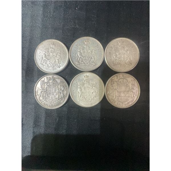 6 Canadian .800 Silver Half Dollar Coins, 70g Total Weight