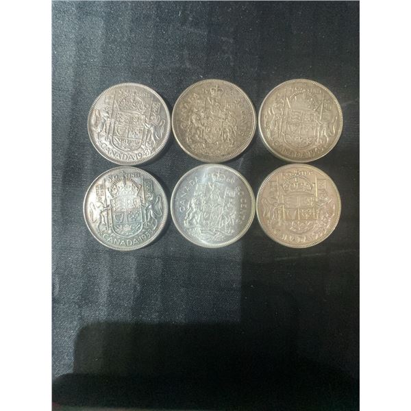 6 Canadian .800 Silver Half Dollars, 70g Total, 1.80 Troy Oz Silver