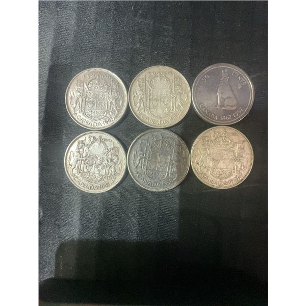 6 Canadian .800 Silver Half Dollars, 70g Total Weight