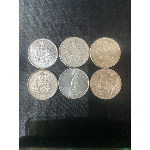 6 Canadian .800 Silver Half Dollar Coins, 70g Total
