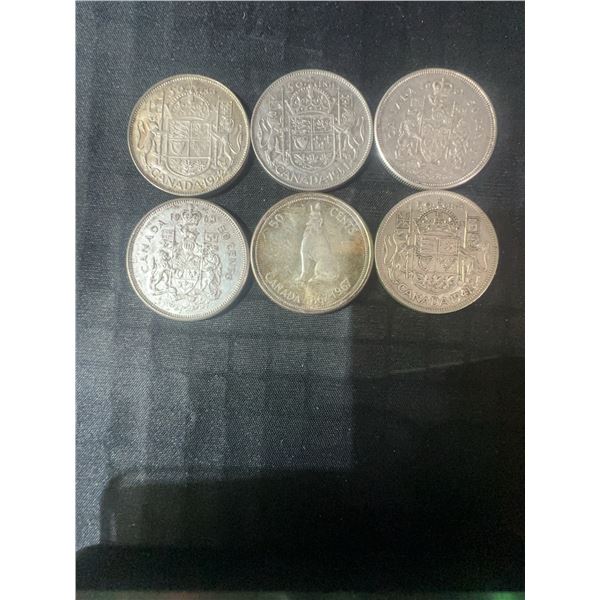 6 Canadian .800 Silver Half Dollars, 70g Total Weight