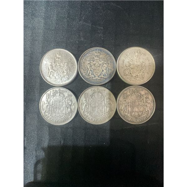 6 Canadian .800 Silver Half Dollars, 70g, 1.80 Troy Ounces