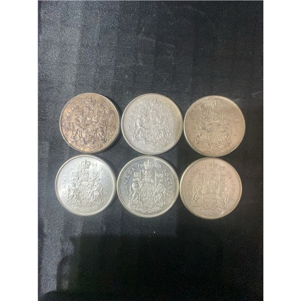 6 Canadian .800 Silver Half Dollars, 70g Total Weight
