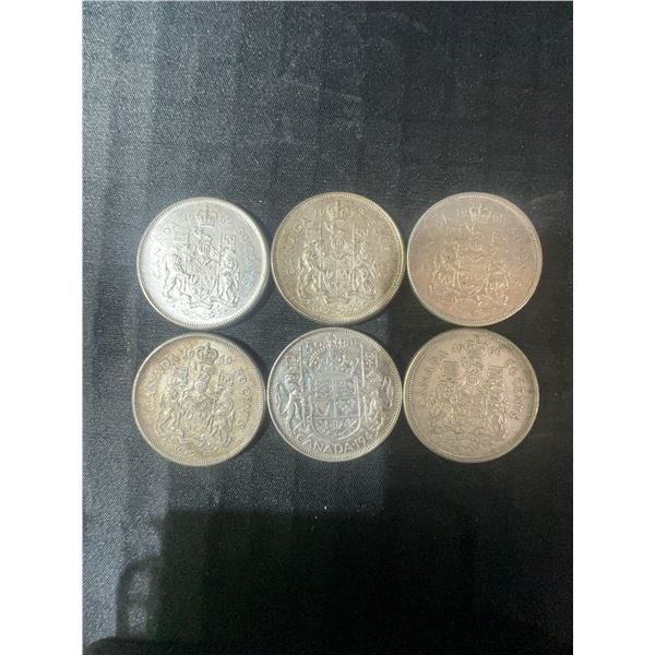 6 Canadian .800 Silver Half Dollars, 70g Total