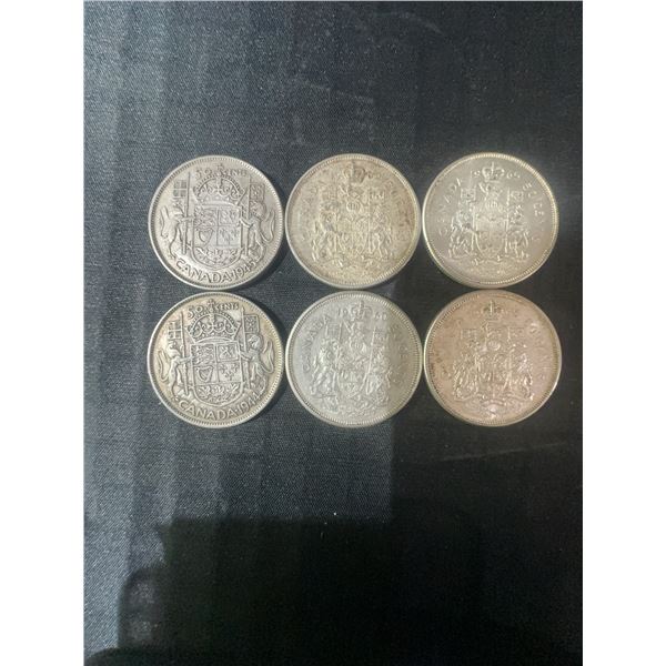 6 Canadian .800 Silver Half Dollars, 70g Total (1.80 Troy Oz)