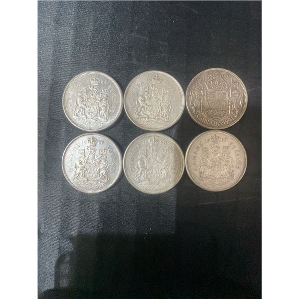 6 Canadian .800 Silver Half Dollars, 70g Total Weight
