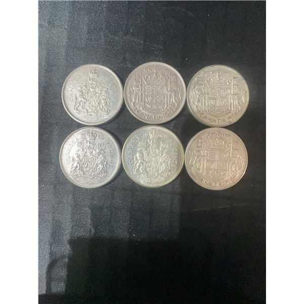 6 Canadian .800 Silver Half Dollars, 70g Total Weight