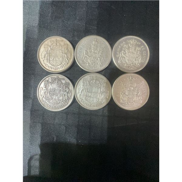 6 Canadian .800 Silver Half Dollars, 70g Total Weight