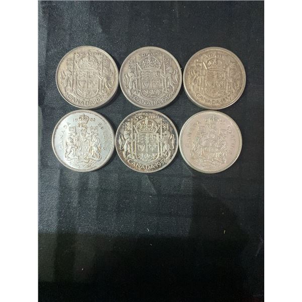 6 Canadian .800 Silver Half Dollars, 70g, 1.80 Troy Ounces Silver