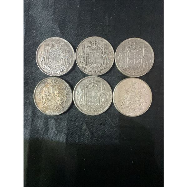 6 Canadian .800 Silver Half Dollars, 70g Total, 1947-1959
